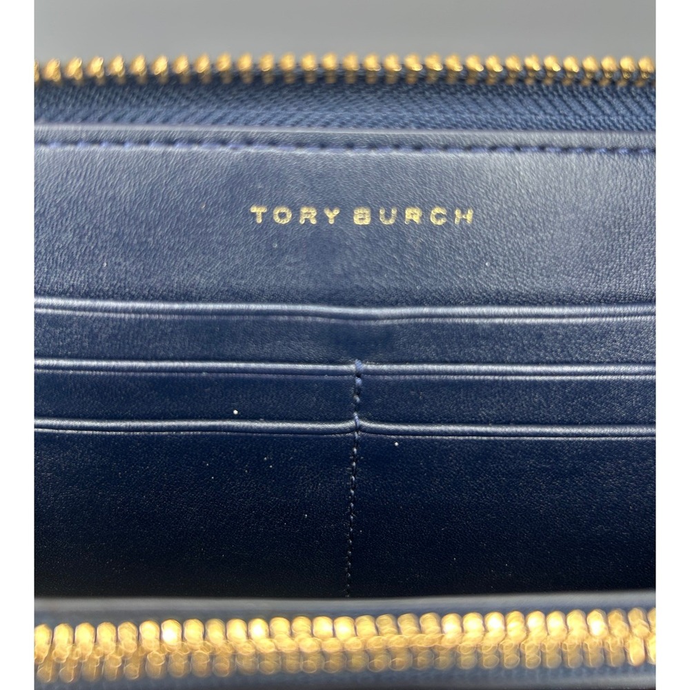 Tory Burch Gemini Link Zip Around Continental Wallet Navy Blue Red Stripe #470 - Picture 3 of 4